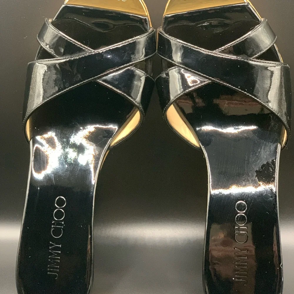 Jimmy Choo Black Patent Cork Wedge Sandals